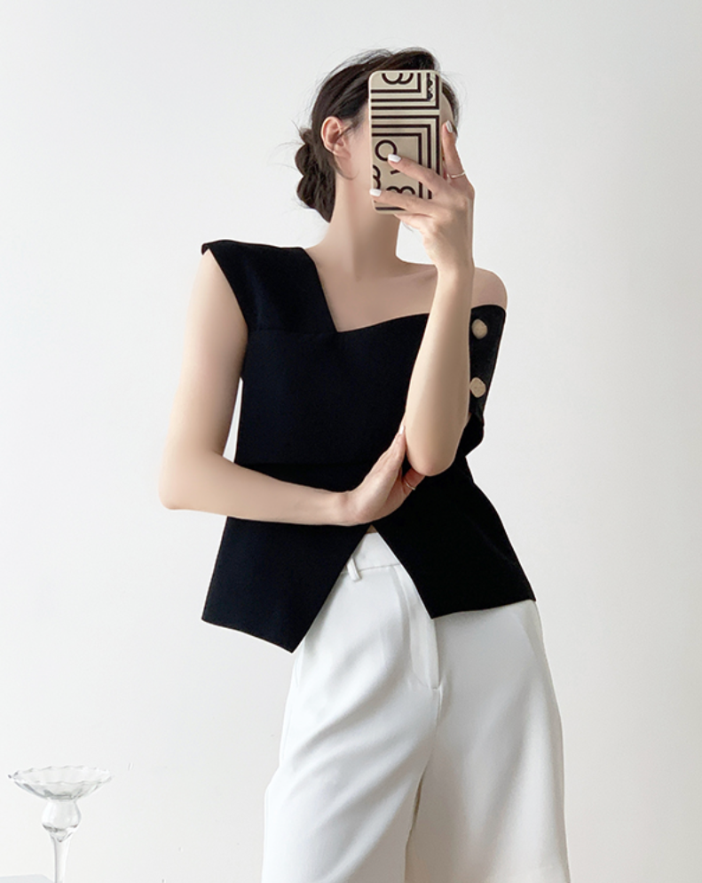 One-shoulder french tops(Black)