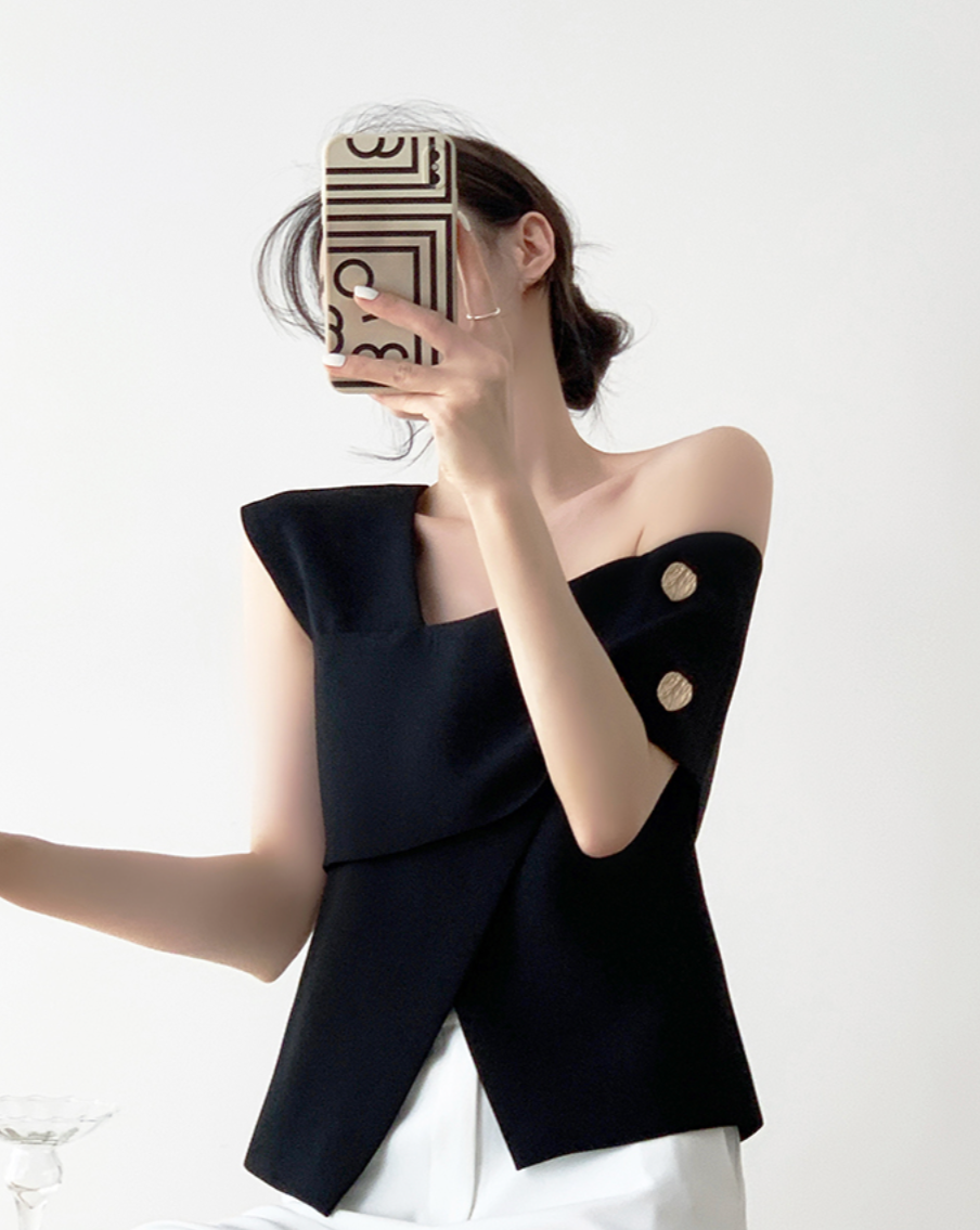 One-shoulder french tops(Black)