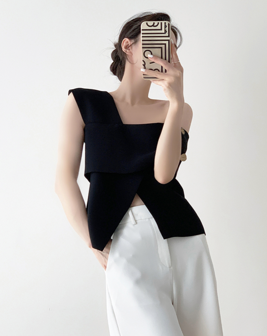 One-shoulder french tops(Black)