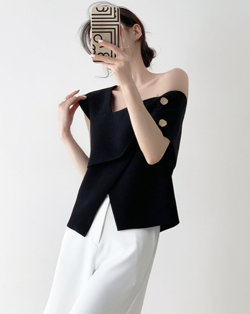 One-shoulder french tops(Black)