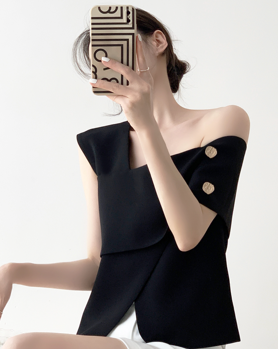 One-shoulder french tops(Black)