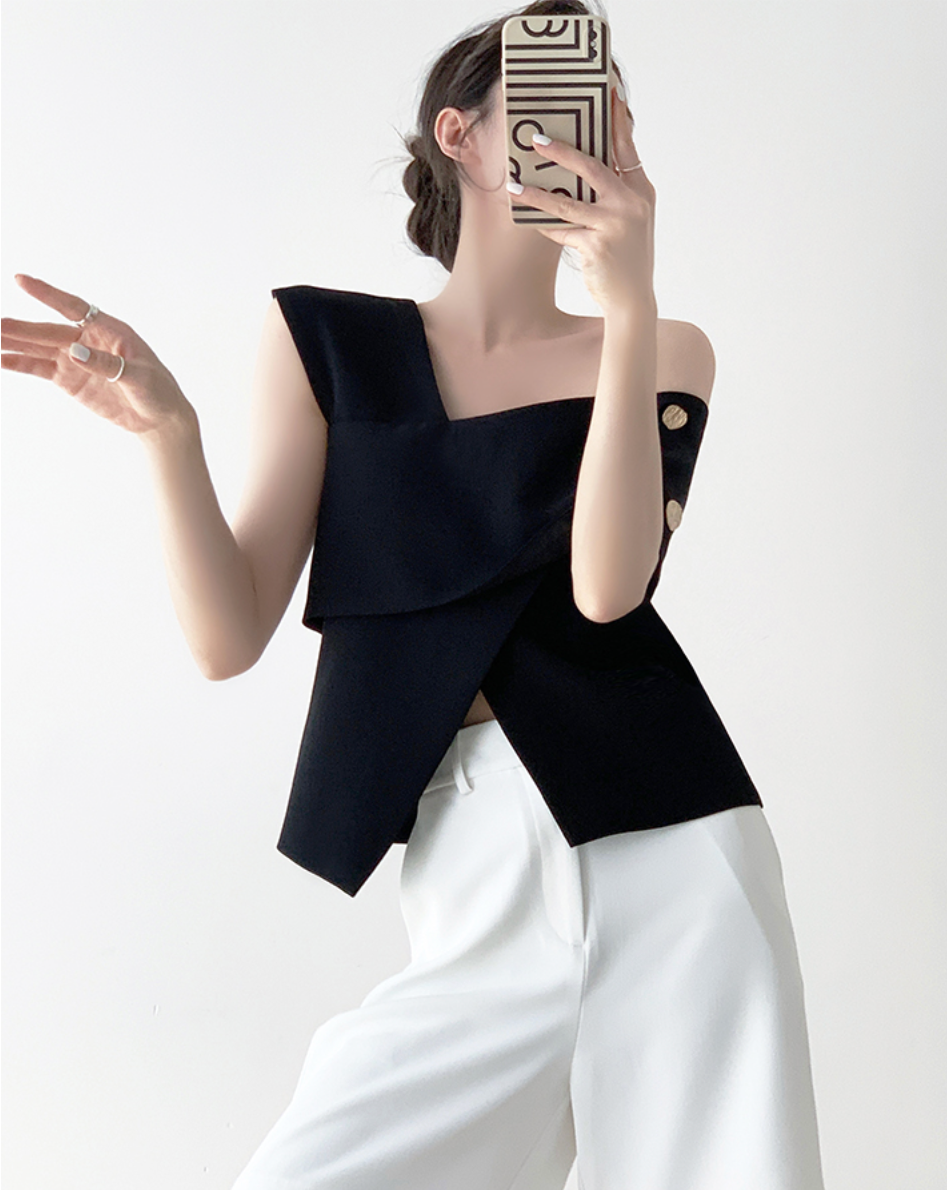 One-shoulder french tops(Black)