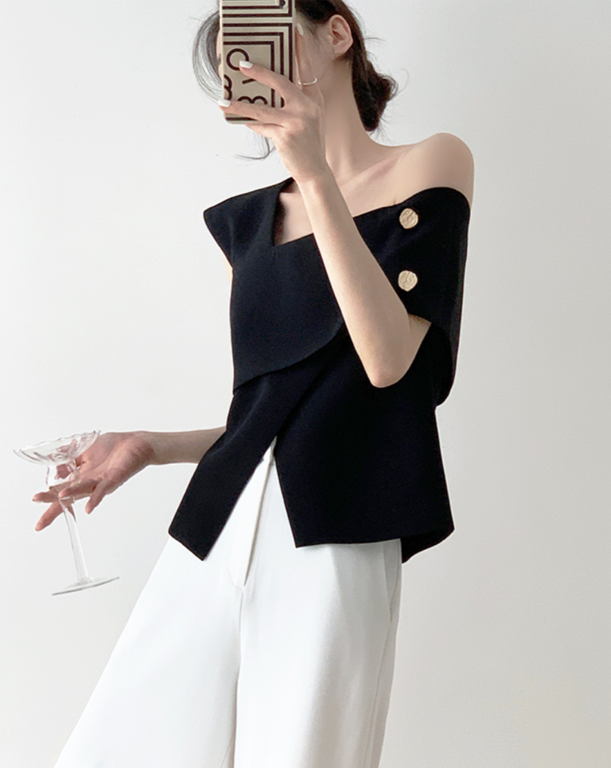 One-shoulder french tops(Black)